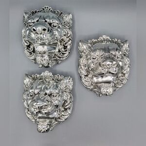 Metallic silver Lion head hanging wall decor.  Lot of 3.  6"x5"